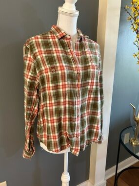 Pact Plaid Button-Up Shirt in Olive, Red & Cream~Size Medium